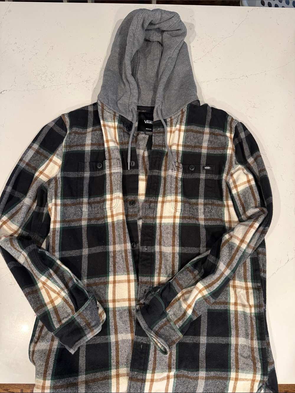 Vans Black, Gray & Cream Plaid Hooded Flannel Shirt Jacket